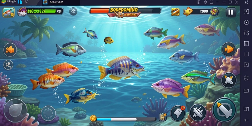 Tangkapan layar gameplay BOKEDOMINO dengan aksi seru menembak ikan.
