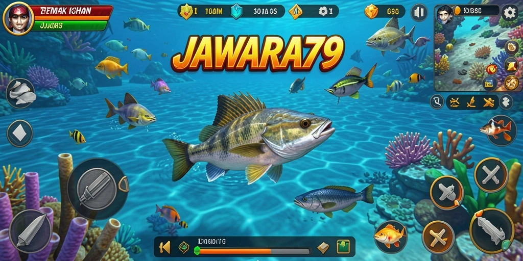 Tangkapan layar gameplay JAWARA79 yang menampilkan aksi tembak ikan.