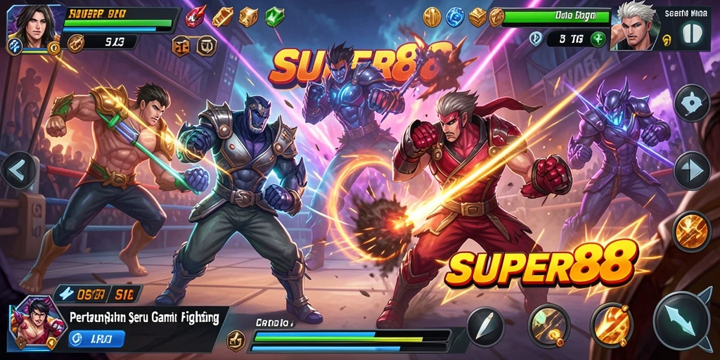 Screenshot utama menunjukkan karakter bertarung di arena dengan efek visual yang menakjubkan.