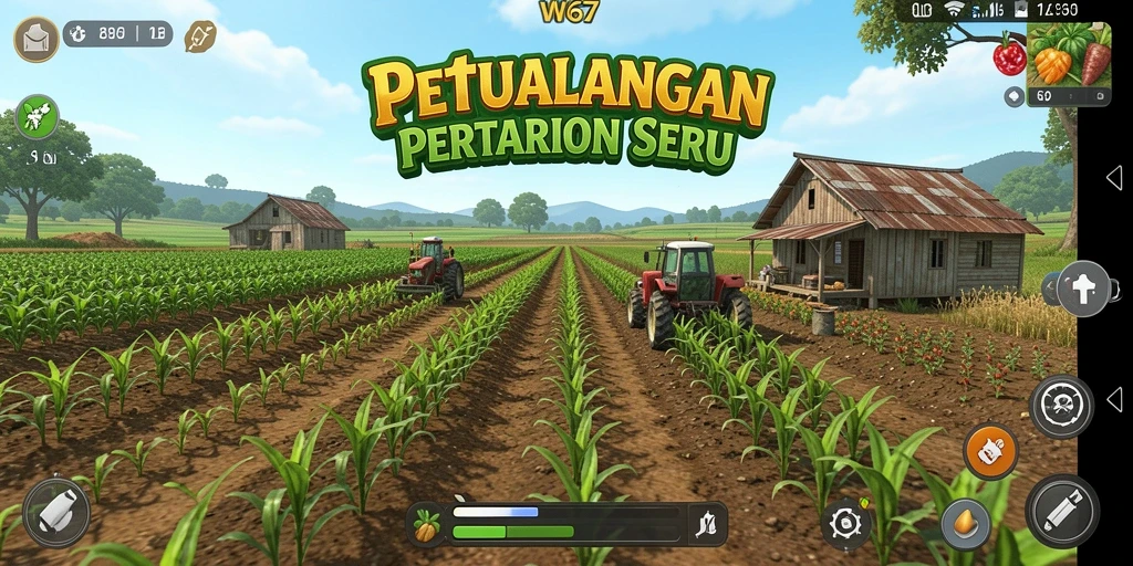 Tampilan gameplay W67 menampilkan petani yang sedang merawat ladang.
